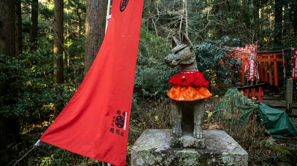 A stone fox guardian in a red bib and cape before a vermilion banner and torii in a forest shrine