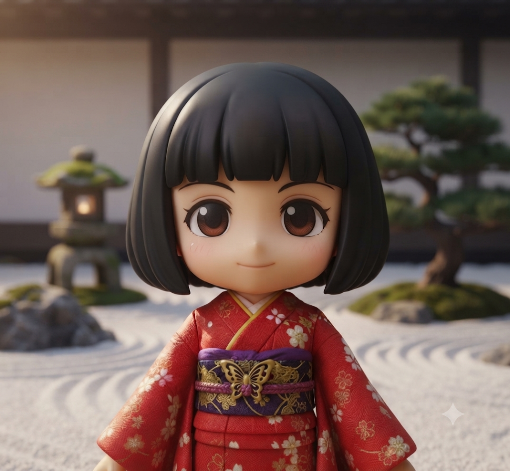 Nozomi, the illustrated guide mascot — a chibi character in a red kimono standing in a zen garden