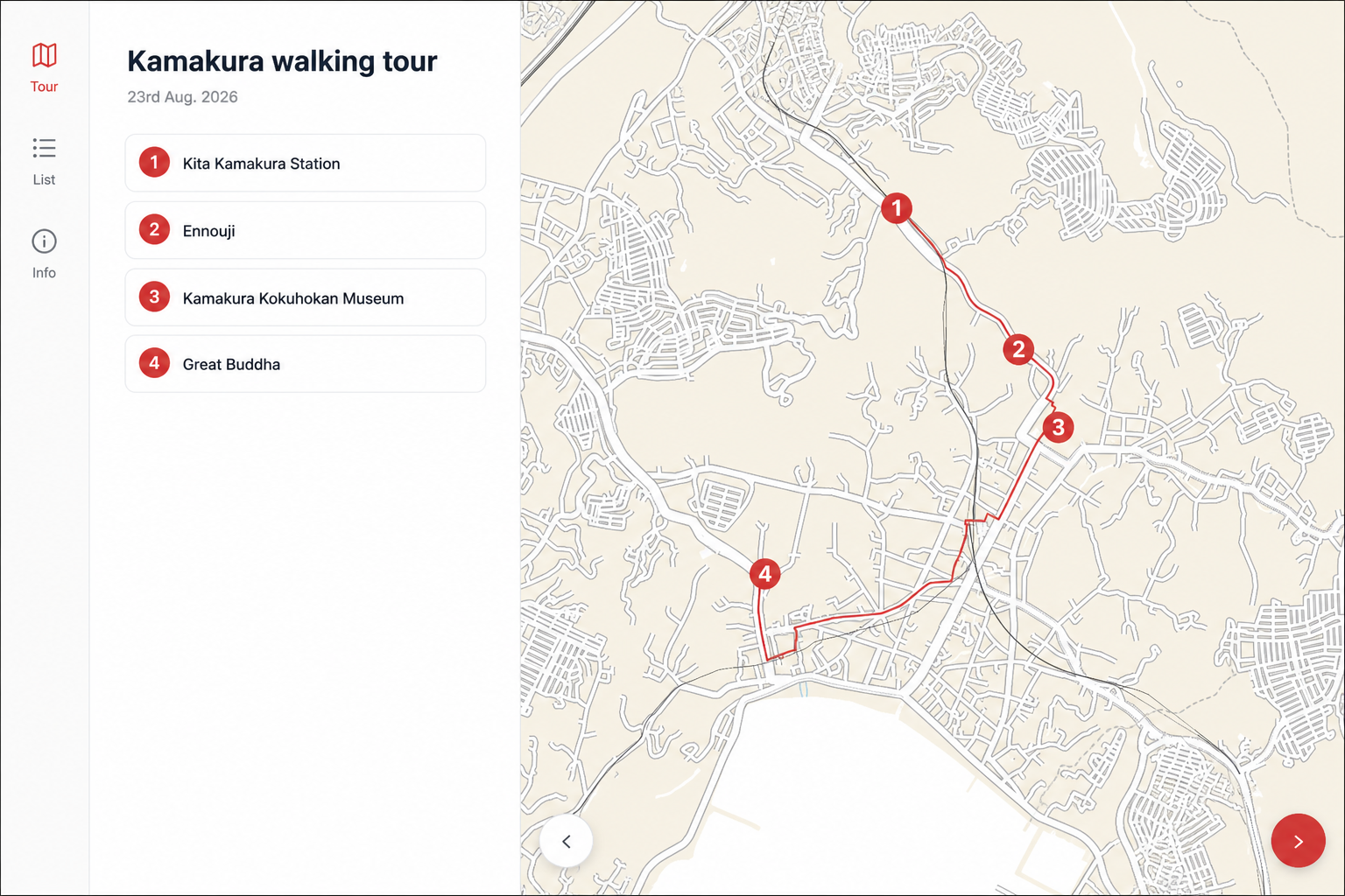 The personal tour page: a map of Kamakura with the walked route and the four numbered stops listed beside it